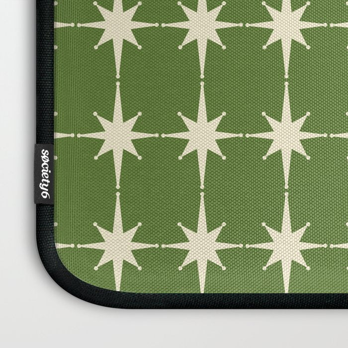Mid Century Modern Atomic Starburst Grid Retro Christmas Olive Green and Cream Laptop Sleeve Gallery Image 3