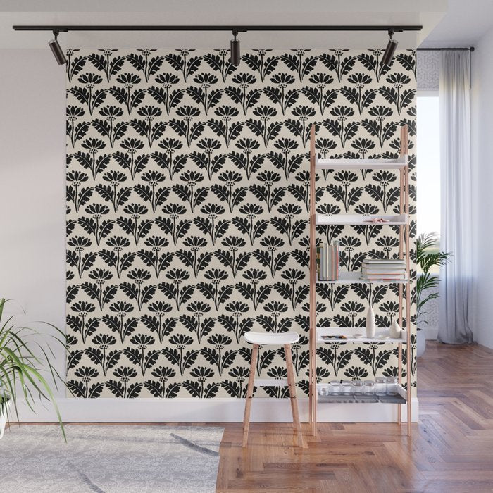 Vintage Floral Arches Art Nouveau Pattern in Black and Almond Cream Wall Mural Gallery Image 1