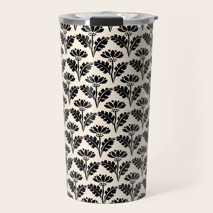 Vintage Floral Arches Art Nouveau Pattern in Black and Almond Cream Travel Mug Gallery Image 1