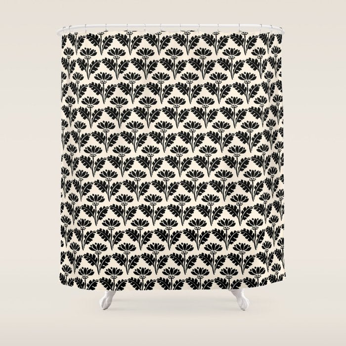 Vintage Floral Arches Art Nouveau Pattern in Black and Almond Cream Shower Curtain Gallery Image 1