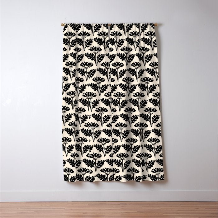Vintage Floral Arches Art Nouveau Pattern in Black and Almond Cream Window Curtain Gallery Image 3