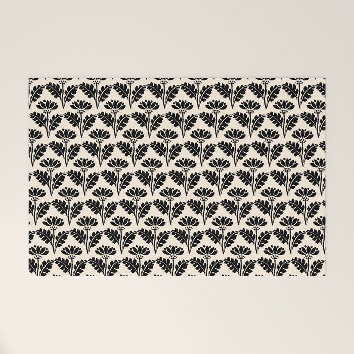 Vintage Floral Arches Art Nouveau Pattern in Black and Almond Cream Welcome Mat Gallery Image 1