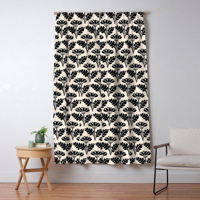 Vintage Floral Arches Art Nouveau Pattern in Black and Almond Cream Window Curtain Gallery Image 1