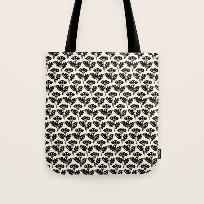 Vintage Floral Arches Art Nouveau Pattern in Black and Almond Cream Tote Bag Gallery Image 1