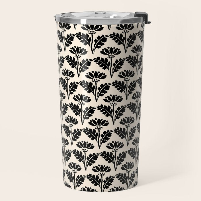 Vintage Floral Arches Art Nouveau Pattern in Black and Almond Cream Travel Mug Gallery Image 2