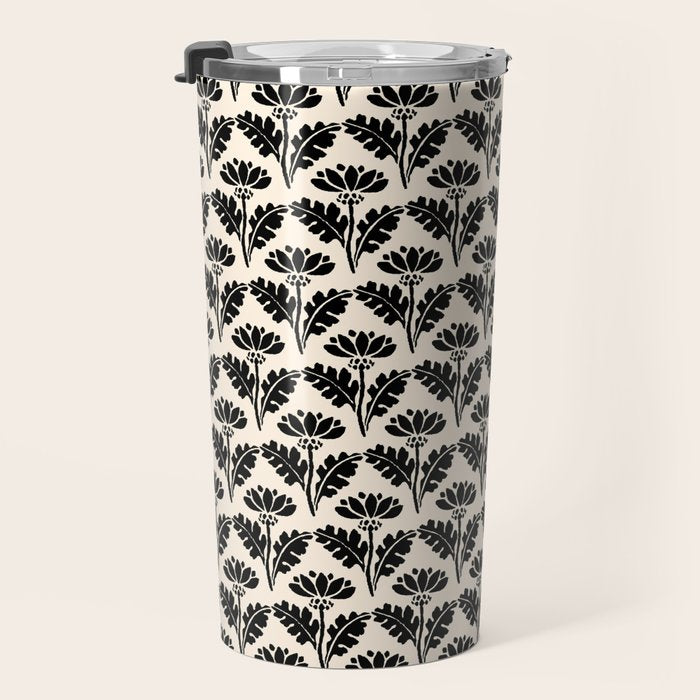 Vintage Floral Arches Art Nouveau Pattern in Black and Almond Cream Travel Mug Gallery Image 3