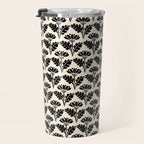 Vintage Floral Arches Art Nouveau Pattern in Black and Almond Cream Travel Mug Gallery Image 3