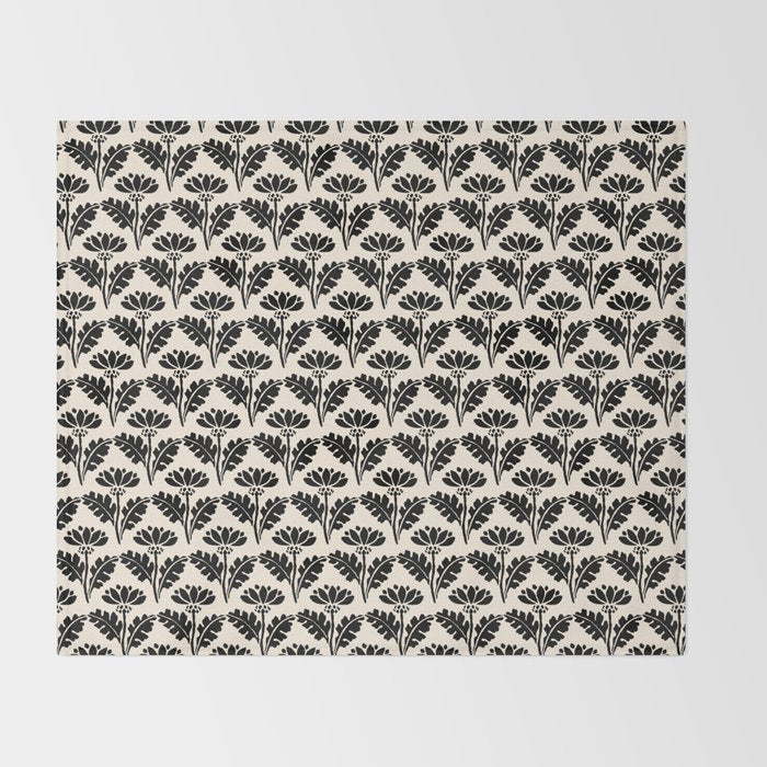 Vintage Floral Arches Art Nouveau Pattern in Black and Almond Cream Throw Blanket Gallery Image 2