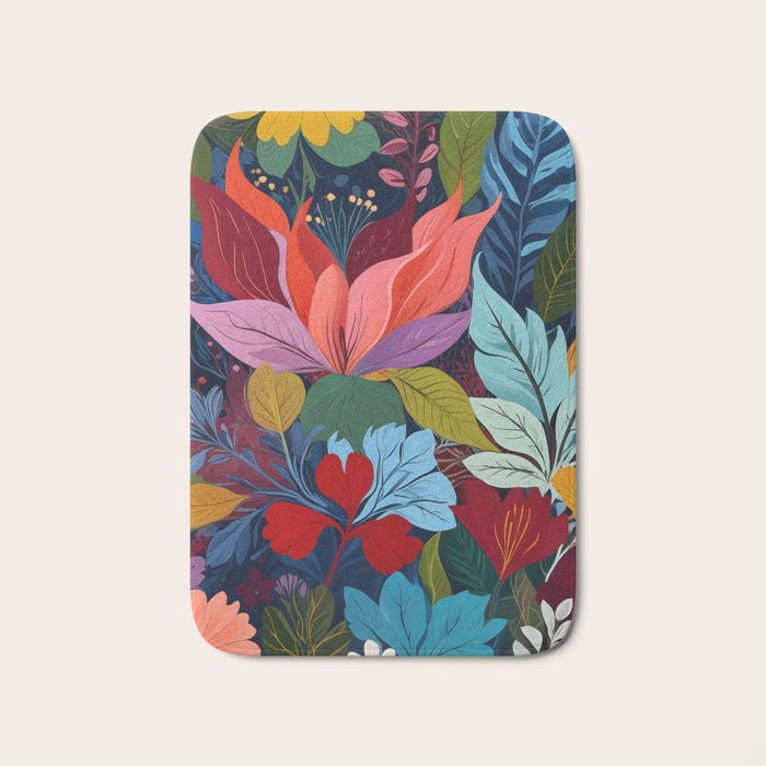 Dark Velvet Garden, Floral Botanical Vintage Illustration, Colorful Mysterious Midnight Plants, Blossom Meadow, Flowers Nature Bloom Painting Bath Mat Gallery Image 1