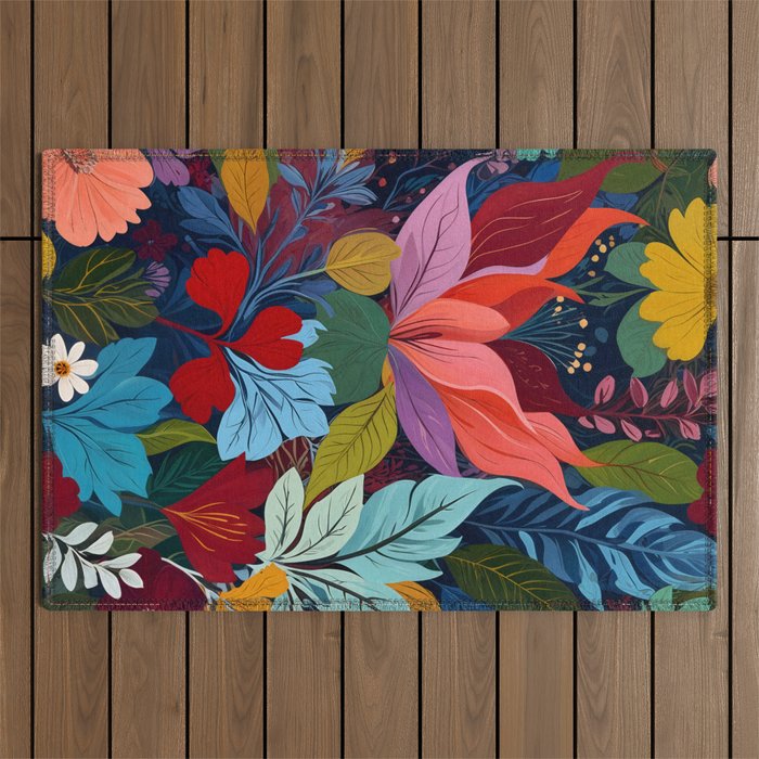 Dark Velvet Garden, Floral Botanical Vintage Illustration, Colorful Mysterious Midnight Plants, Blossom Meadow, Flowers Nature Bloom Painting Outdoor Rug Gallery Image 1