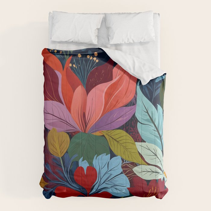 Dark Velvet Garden, Floral Botanical Vintage Illustration, Colorful Mysterious Midnight Plants, Blossom Meadow, Flowers Nature Bloom Painting Comforter Gallery Image 6
