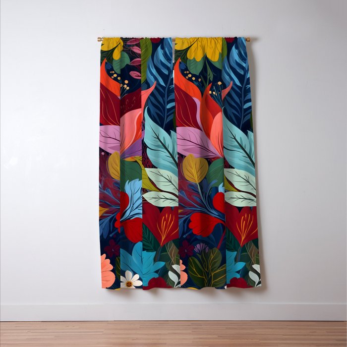 Dark Velvet Garden, Floral Botanical Vintage Illustration, Colorful Mysterious Midnight Plants, Blossom Meadow, Flowers Nature Bloom Painting Window Curtain Gallery Image 3