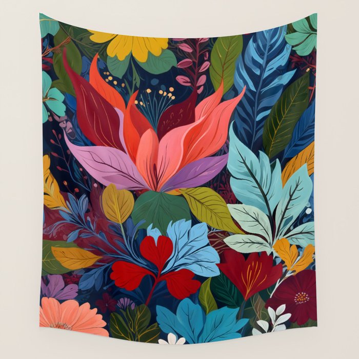 Dark Velvet Garden, Floral Botanical Vintage Illustration, Colorful Mysterious Midnight Plants, Blossom Meadow, Flowers Nature Bloom Painting Wall Tapestry Gallery Image 4