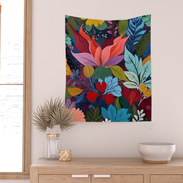 Dark Velvet Garden, Floral Botanical Vintage Illustration, Colorful Mysterious Midnight Plants, Blossom Meadow, Flowers Nature Bloom Painting Wall Tapestry Gallery Image 2