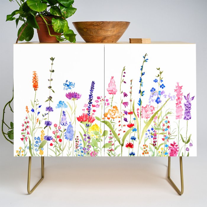 colorful wildflower fields watercolor Credenza Gallery Image 1