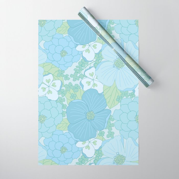 Light Blue Pastel Vintage Floral Pattern Wrapping Paper Gallery Image 1
