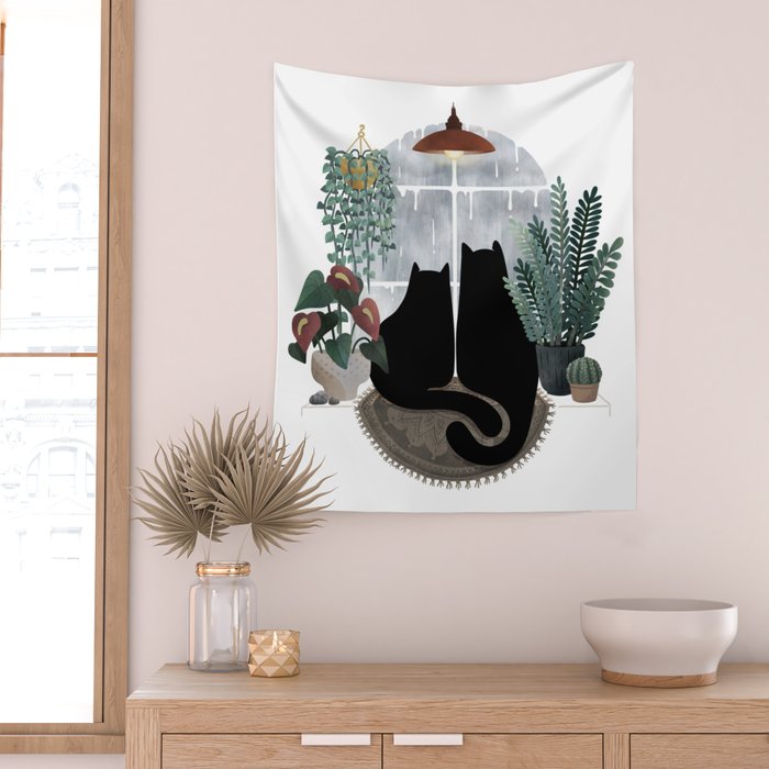Rainy Day Cats (on white) Wall Tapestry Gallery Image 2