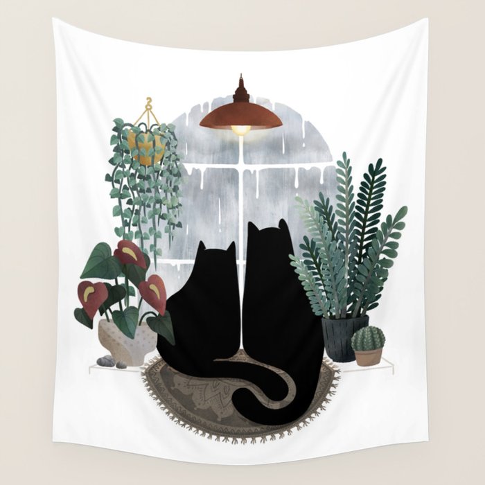 Rainy Day Cats (on white) Wall Tapestry Gallery Image 4