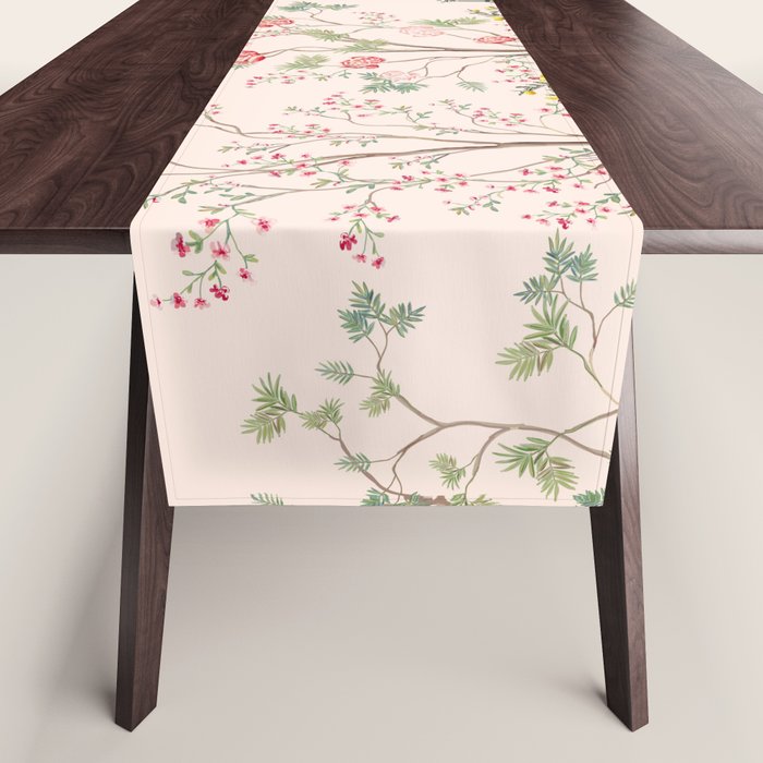 Chinoiserie Blush Pink Peony Blooming Floral Garden Table Runner Gallery Image 1