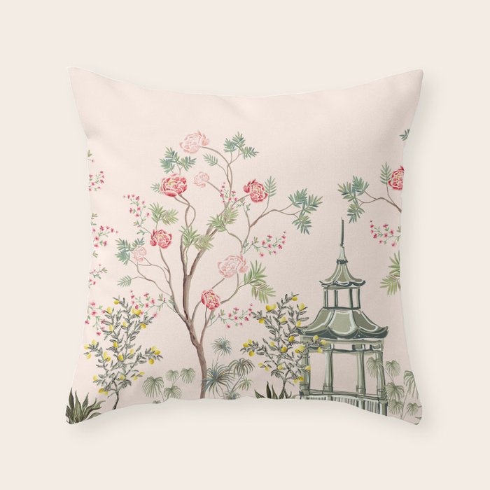 Chinoiserie Blush Pink Peony Blooming Floral Garden Throw Pillow Gallery Image 6