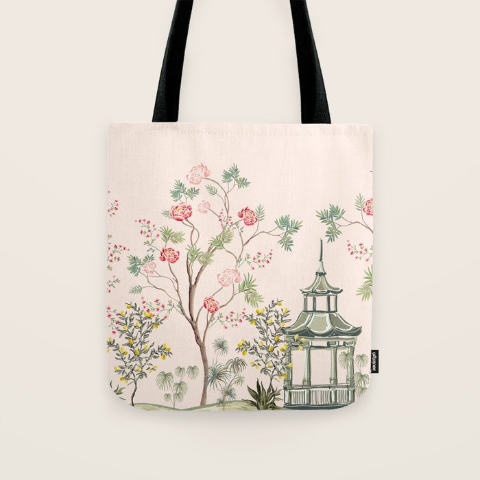 Chinoiserie Blush Pink Peony Blooming Floral Garden Tote Bag Gallery Image 1