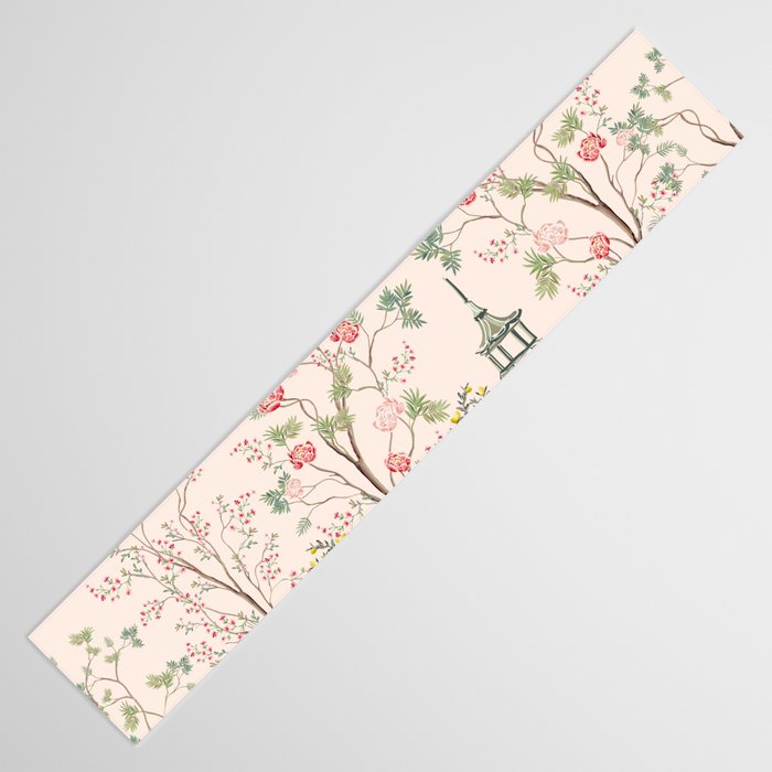 Chinoiserie Blush Pink Peony Blooming Floral Garden Table Runner Gallery Image 3