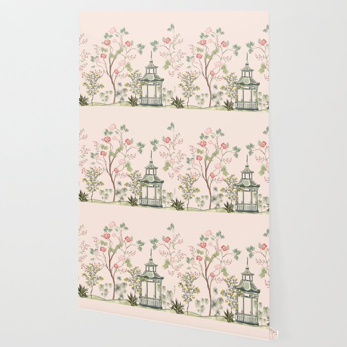 Chinoiserie Blush Pink Peony Blooming Floral Garden Wallpaper Gallery Image 2