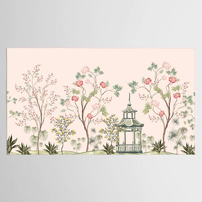 Chinoiserie Blush Pink Peony Blooming Floral Garden Tablecloth Gallery Image 2