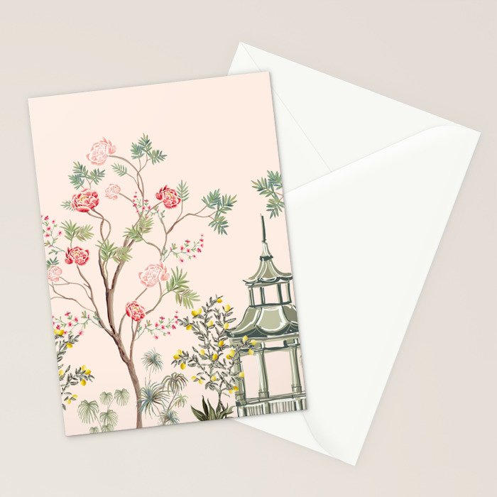 Chinoiserie Blush Pink Peony Blooming Floral Garden Stationery Card Gallery Image 2