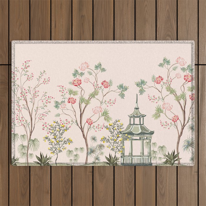 Chinoiserie Blush Pink Peony Blooming Floral Garden Outdoor Rug Gallery Image 1