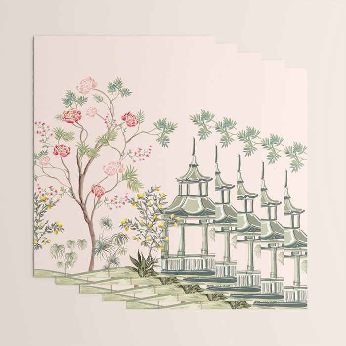 Chinoiserie Blush Pink Peony Blooming Floral Garden Wrapping Paper Gallery Image 3