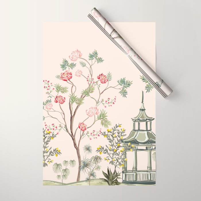 Chinoiserie Blush Pink Peony Blooming Floral Garden Wrapping Paper Gallery Image 1
