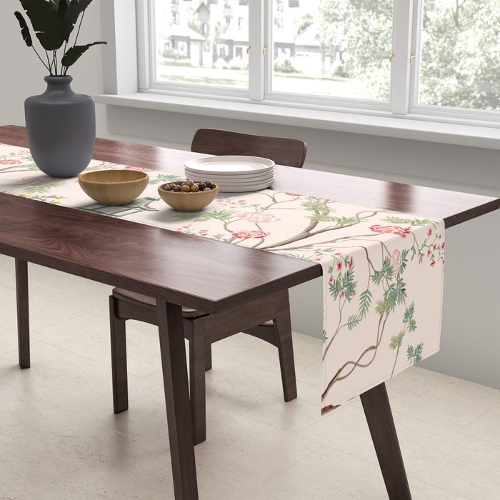 Chinoiserie Blush Pink Peony Blooming Floral Garden Table Runner Gallery Image 2