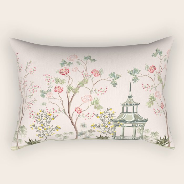 Chinoiserie Blush Pink Peony Blooming Floral Garden Rectangular Pillow Gallery Image 1