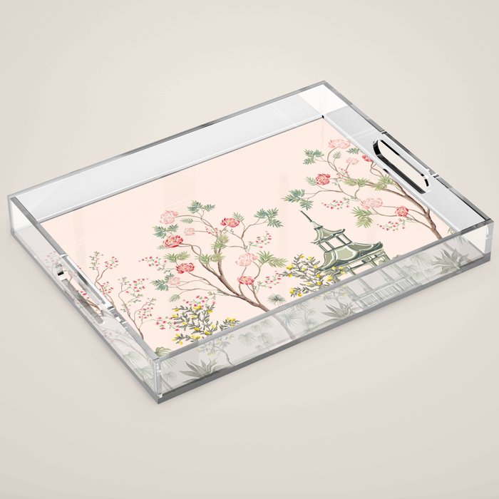 Chinoiserie Blush Pink Peony Blooming Floral Garden Acrylic Tray Gallery Image 1