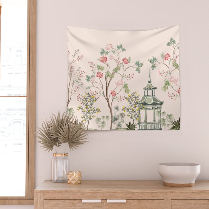 Chinoiserie Blush Pink Peony Blooming Floral Garden Wall Tapestry Gallery Image 2