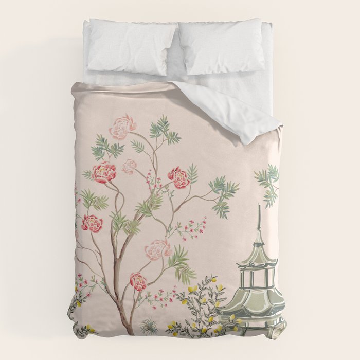 Chinoiserie Blush Pink Peony Blooming Floral Garden Duvet Cover Gallery Image 6