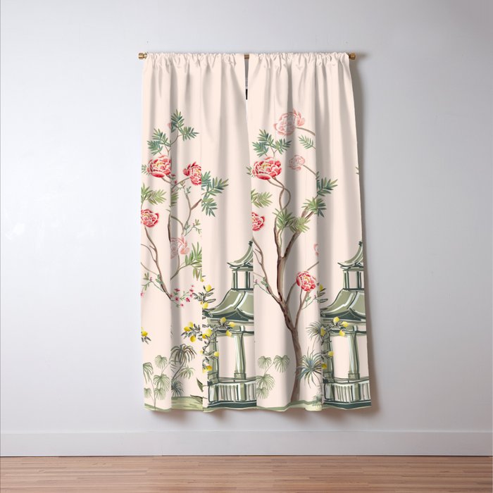 Chinoiserie Blush Pink Peony Blooming Floral Garden Window Curtain Gallery Image 3