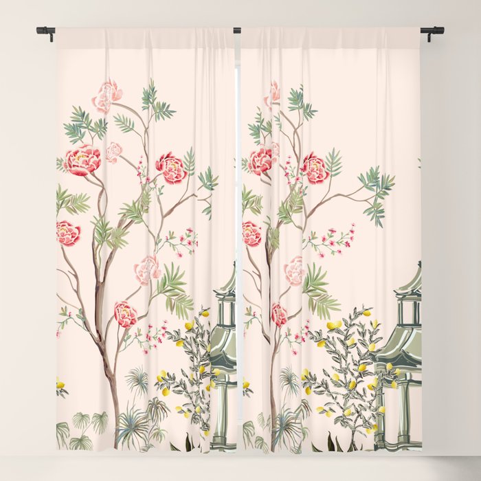 Chinoiserie Blush Pink Peony Blooming Floral Garden Window Curtain Gallery Image 1