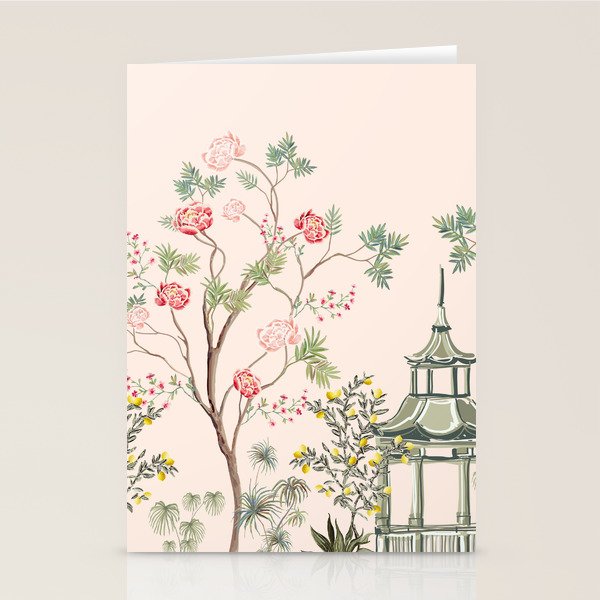 Chinoiserie Blush Pink Peony Blooming Floral Garden Stationery Card Gallery Image 2