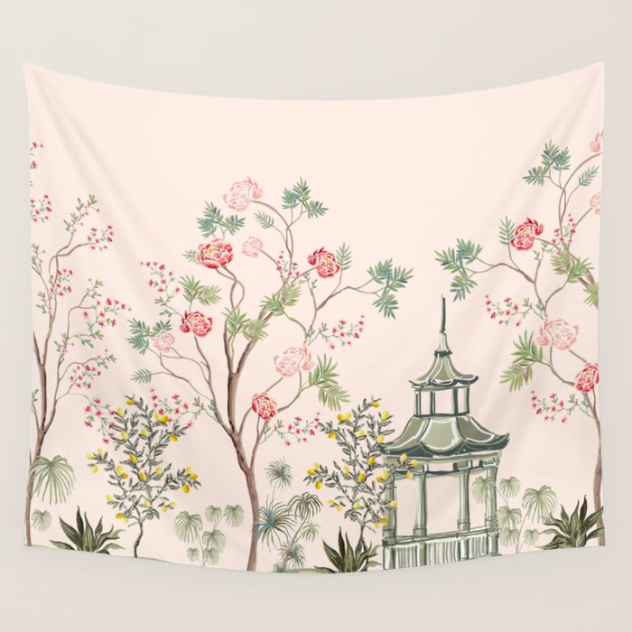 Chinoiserie Blush Pink Peony Blooming Floral Garden Wall Tapestry Gallery Image 4