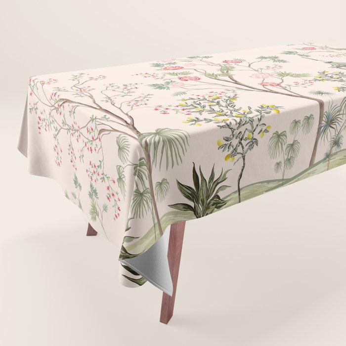 Chinoiserie Blush Pink Peony Blooming Floral Garden Tablecloth Gallery Image 1