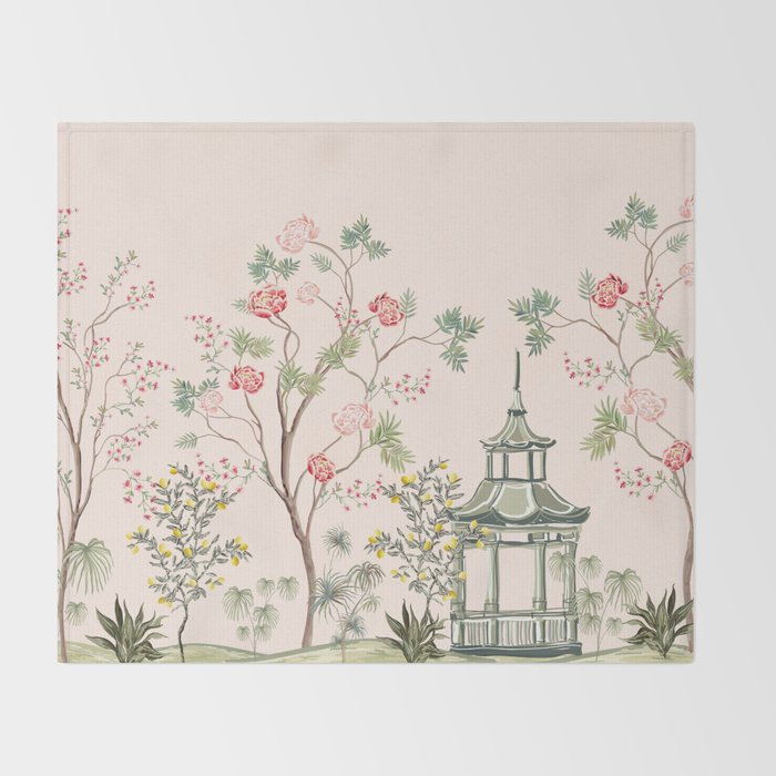 Chinoiserie Blush Pink Peony Blooming Floral Garden Throw Blanket Gallery Image 2