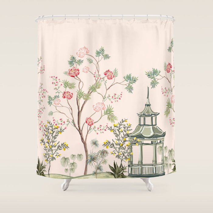 Chinoiserie Blush Pink Peony Blooming Floral Garden Shower Curtain Gallery Image 1