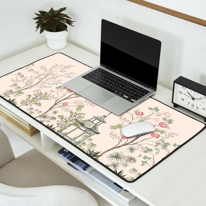 Chinoiserie Blush Pink Peony Blooming Floral Garden Desk Mat Gallery Image 2