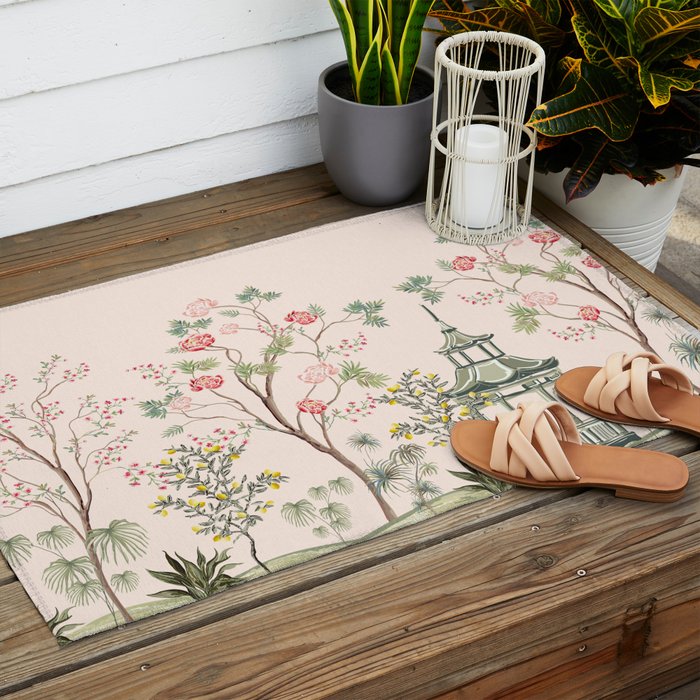 Chinoiserie Blush Pink Peony Blooming Floral Garden Outdoor Rug Gallery Image 2