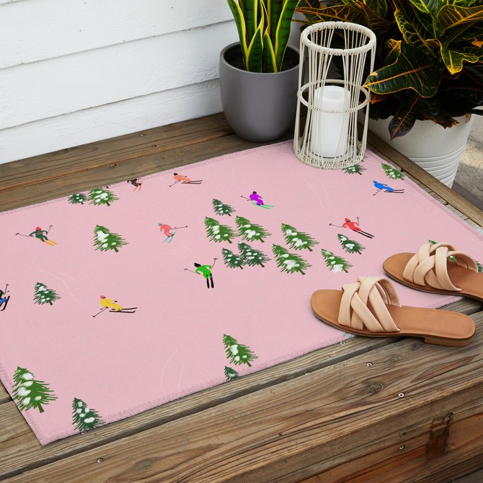 Pink retro skiers illustration - Aerial skiers Outdoor Rug Gallery Image 2