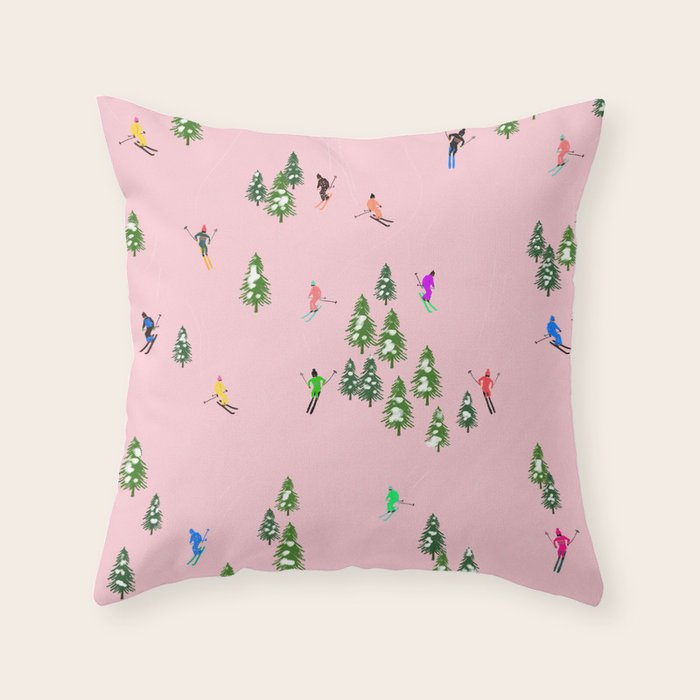 Pink retro skiers illustration - Aerial skiers Throw Pillow Gallery Image 1