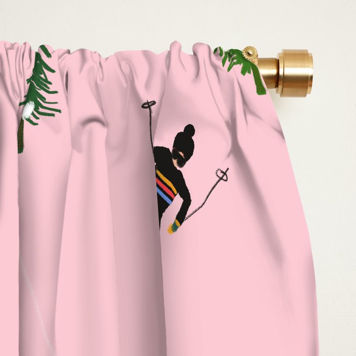 Pink retro skiers illustration - Aerial skiers Window Curtain Gallery Image 2