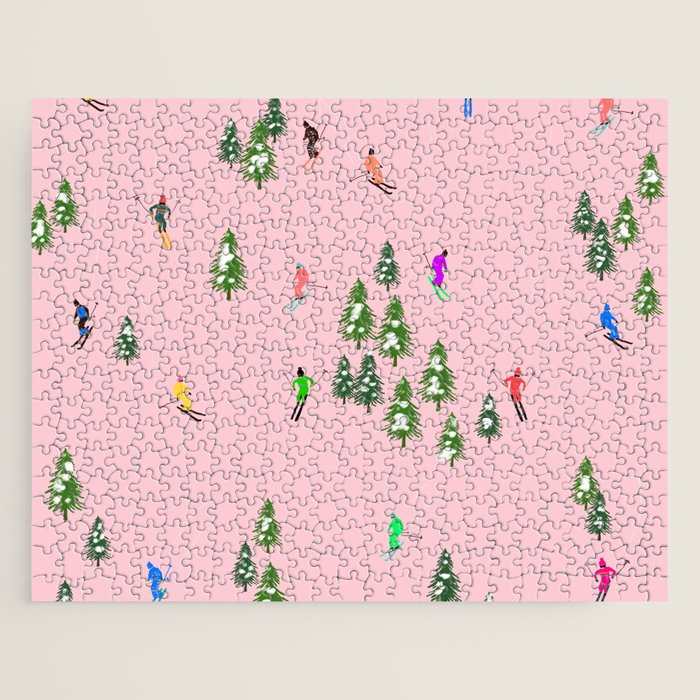 Pink retro skiers illustration - Aerial skiers Jigsaw Puzzle Gallery Image 1